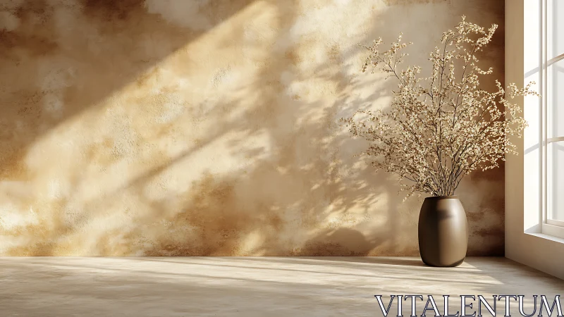 Dried branch arrangement beside sunlit textured wall.