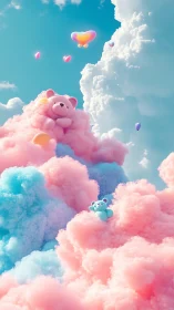 Pastel teddy bears drift through cotton-candy cloudscape in sky
