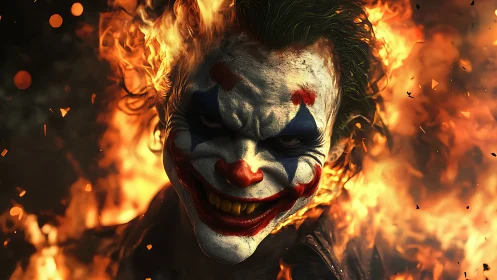 Flaming clown portrait reveals eerie grin amid rising sparks