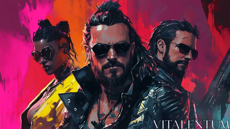 Neon-soaked cyber crew posed in vivid triadic composition.