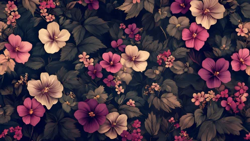 Lush Floral Garden Where Pink Blooms Dance Through Deep Shadows