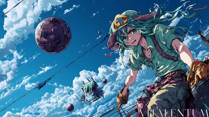 Person on aerial platform under spherical objects in sky.