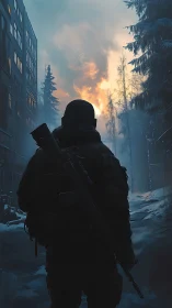 Winter wanderer walking toward a distant sunrise glow.