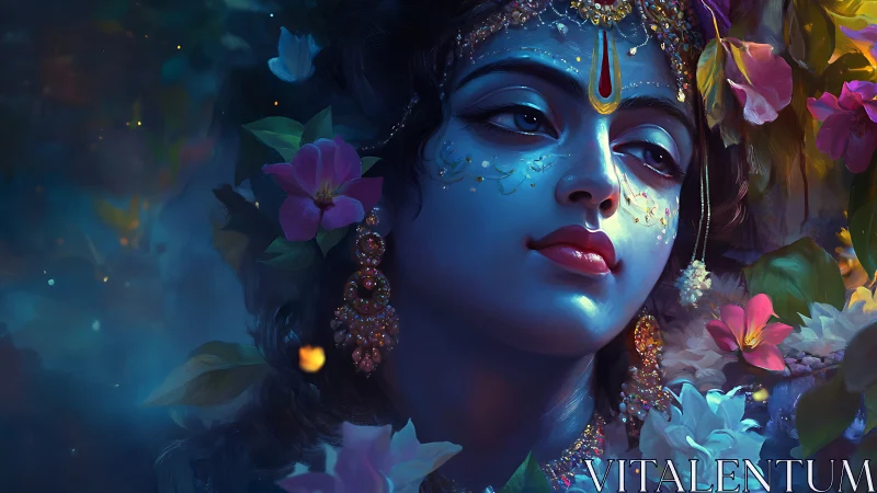 Divine blue portrait glows within jewel-toned garden bloom