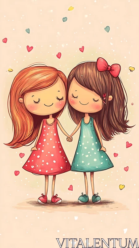 Two Young Girls Holding Hands Against Soft Peachy Background With Hearts