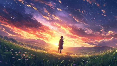 Lone dreamer greeting a blazing aurora-swept evening sky.