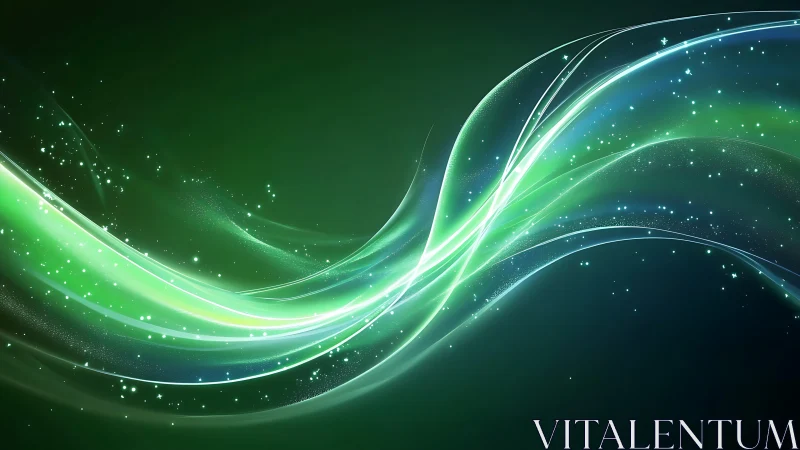 Emerald light streams dance through a starlit digital night.