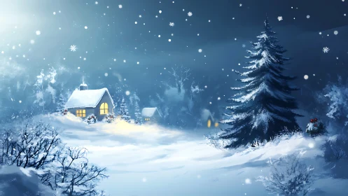 Snowy winter cabin and fir tree under night sky.