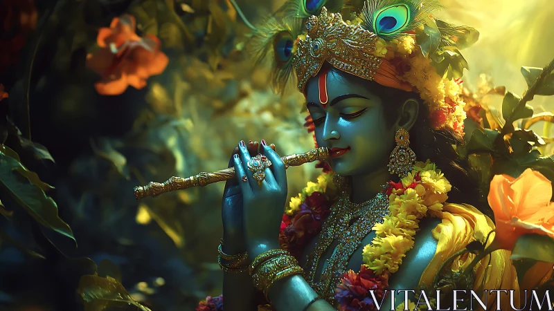 Radiant blue flutist in a lush golden forest sanctuary.