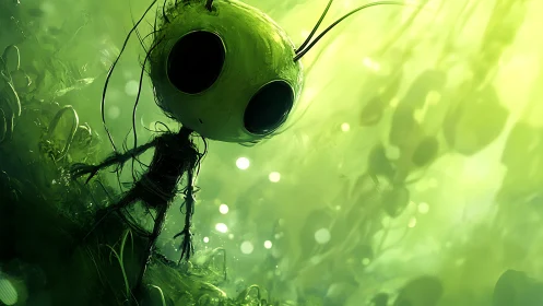 Gentle alien wanderer pauses in a glowing green forest dream