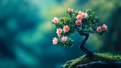 Pink flowering bonsai tree on mossy rock in soft focus background.