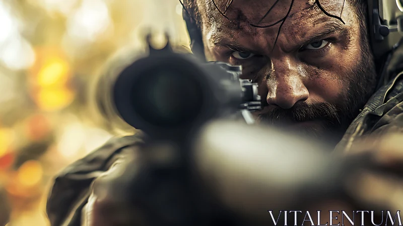 Tactical marksman portrait with shallow depth and aggressive bokeh field