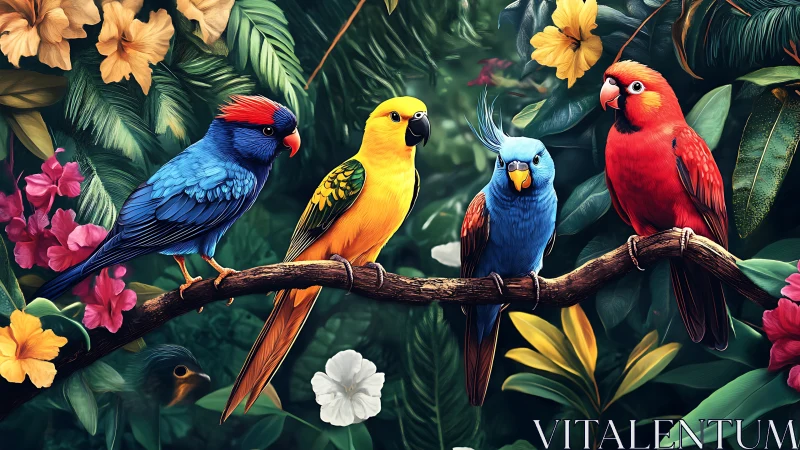 Colorful Exotic Birds on Jungle Branch in Vibrant Digital Art.