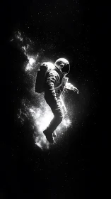 Solitary astronaut drifts in stark monochrome deep space