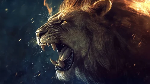 Roaring lion crowned in embers under dramatic side light.