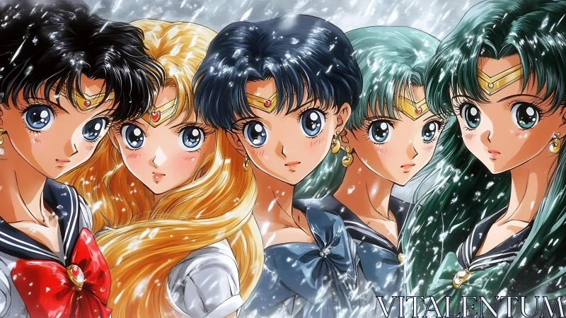 Five anime magical girls stand in snowfall, facing forward.