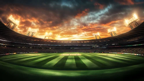 Sunset-lit cricket arena under dramatic glowing skies.