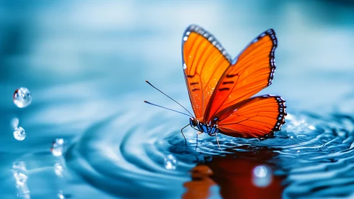 Bright orange butterfly on blue water surface with ripples.