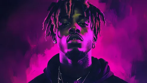 Neon-lit portrait of rapper in bold magenta glow.