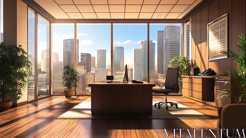 Executive corner office with panoramic city skyline view.