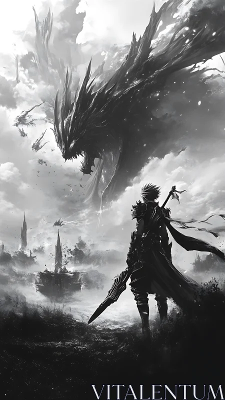 Armored warrior confronts vast shadow dragon in stormy sky.