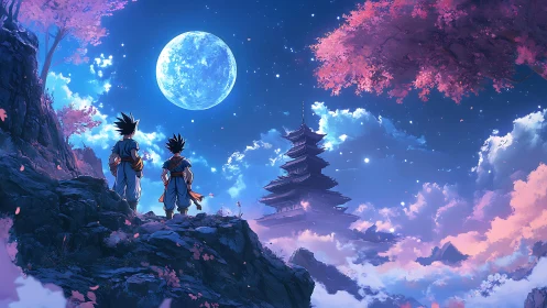 Moonlit warriors beneath cherry clouds and silent pagoda.