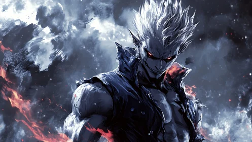 Storm‑scarred antihero smirks through embers and midnight frost.