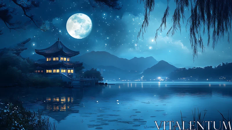 Moonlit lakeside pavilion dreaming beneath sapphire constellations.