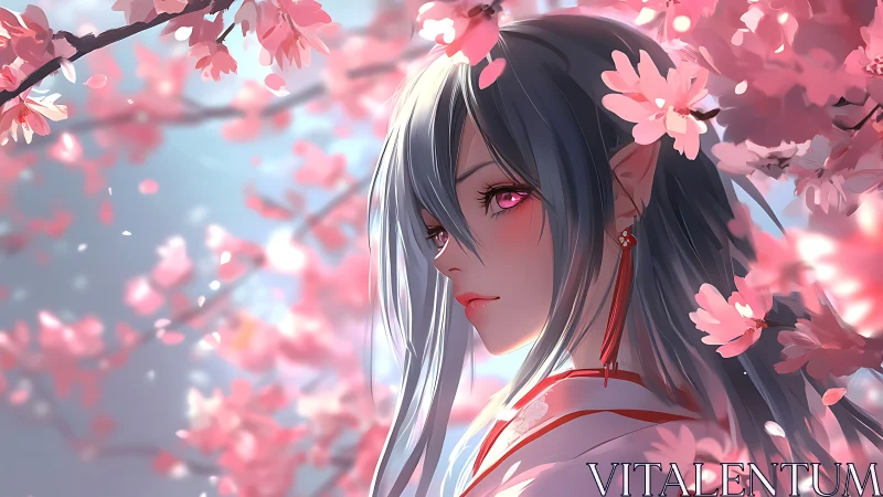 Elf girl gazes through soft cherry blossoms in spring light