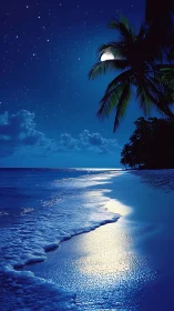 Moonlit tropical shoreline under deep blue night sky.