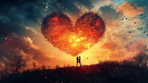 Silhouetted figures observe burning heart formation in dramatic sky