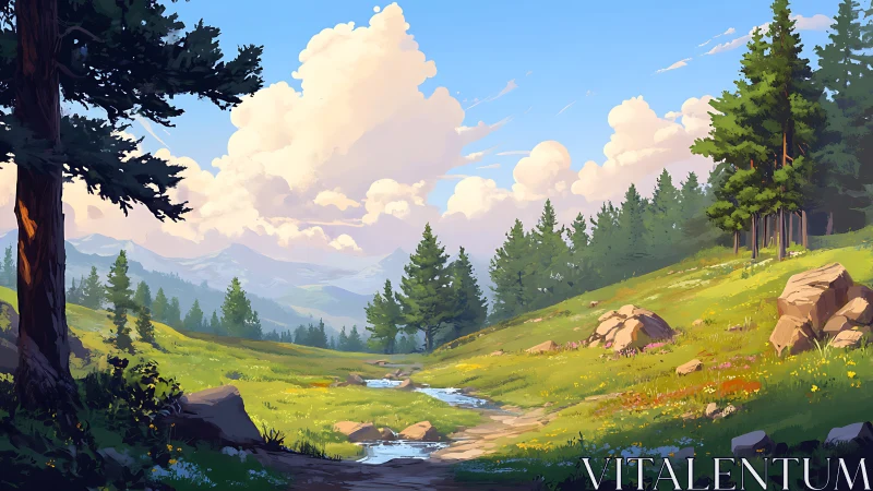 Alpine Meadow Valley with Evergreen Forest Under Puffy Clouds