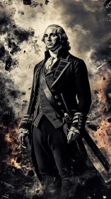 Revolutionary officer stands amid stormy smoke and fire