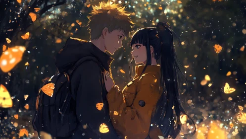 Butterfly-lit forest holds two shy hearts in glowing pause