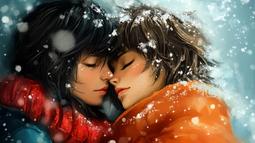 Two figures embracing in snowy moment, rendered digitally.