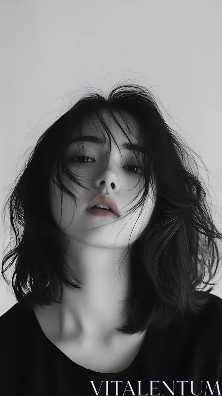 Monochrome close up portrait of woman with tousled hair.