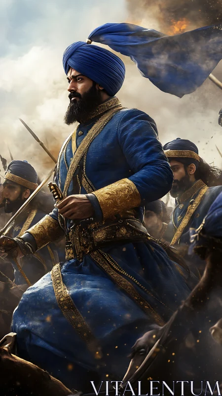 Photorealistic Sikh cavalry commander in dynamic battle charge.