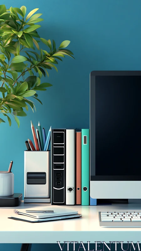 Ergonomic desktop workflow with binders, monitor and foliage.