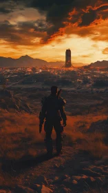 Lone wanderer meets a burning sunset over distant citadel.