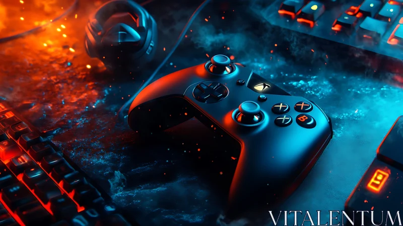 Game controller rests between illuminated keyboard and headset