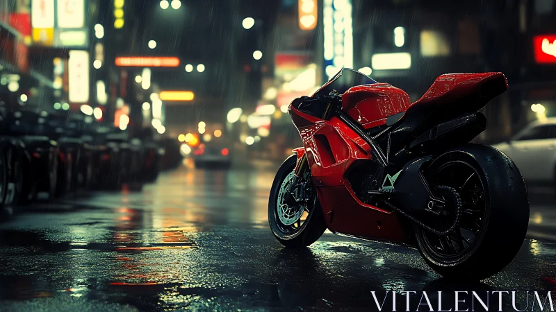 Red superbike stands in neon rain on futuristic city street