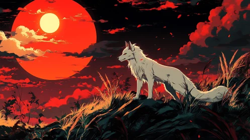 Lone white fox beneath colossal crimson eclipse sun.