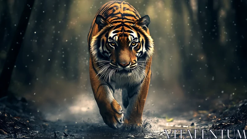 Low-angle frontal tiger stride through wet forest path in rain