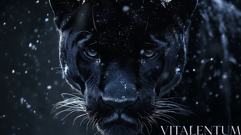 Black Panther Face in Snow: Intense Stare Through Winter.
