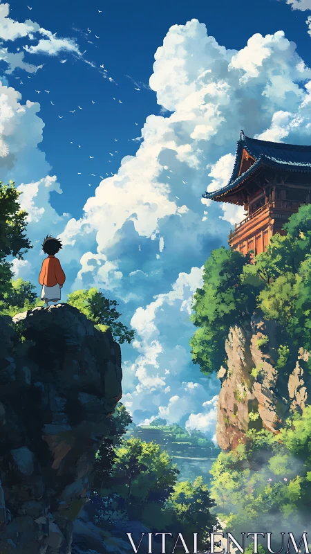 Young traveler gazes toward a cliffside temple in bright sky.