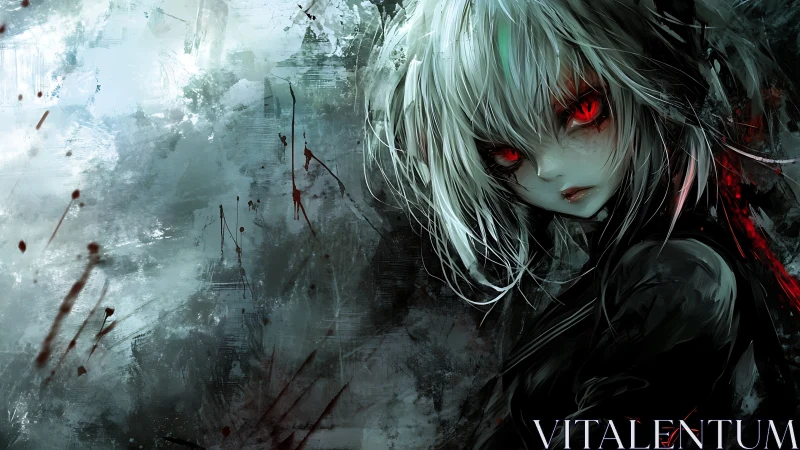 Crimson-eyed gothic girl in storm of abstract bloodstains.