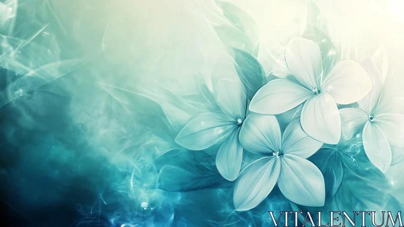 Ethereal White Flowers in Luminous Blue Gradient Atmosphere