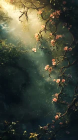 Vertical forest clearing with flowering vine in misty light.