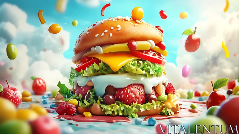 Fantasy fruit burger stack with candy sky backdrop.