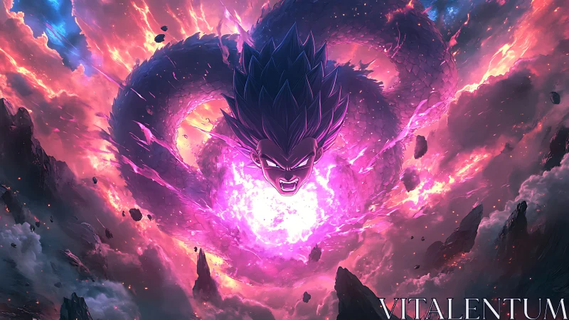 Cosmic warrior unleashes dragon vortex over shattered world.